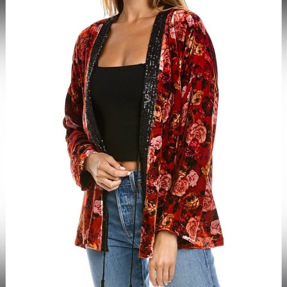 Johnny Was Billie Kimono cardigan Medium Floral Velvet tassel Sequins Blazer - Picture 2 of 12